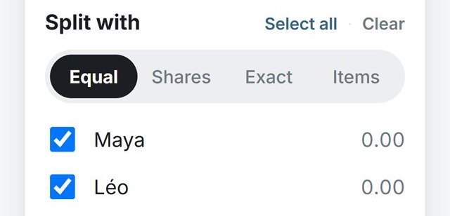 Splitzy split modes: Equal, Shares, Exact and Items, with group members below