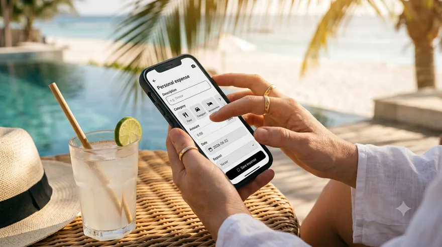 Logging a personal expense in Splitzy on a phone, poolside with a straw hat and a cold drink