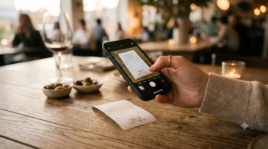 A hand photographing a restaurant receipt with a phone, wine and olives on the table